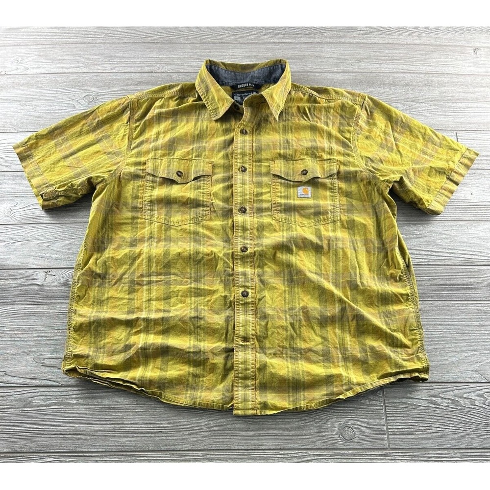 Carhartt Rugged Flex Mens XL Yellow Plaid Button Down Shirt Relaxed Short Sleeve